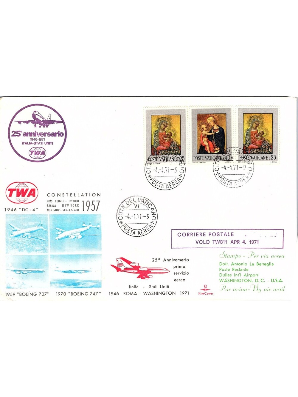 VATICAN CITY 1971 TWA 25th ANNIVERSARY FLIGHT COVER ROME TO WASHINGTON